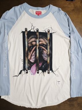 Supreme Light Blue & White Raglan Tee Ft Dog Behind Bars Size Large
